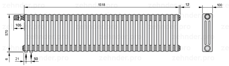 Схема (чертеж) Радиатор Zehnder Charleston 3057/33 №V001 Белый глянцевый RAL 9016